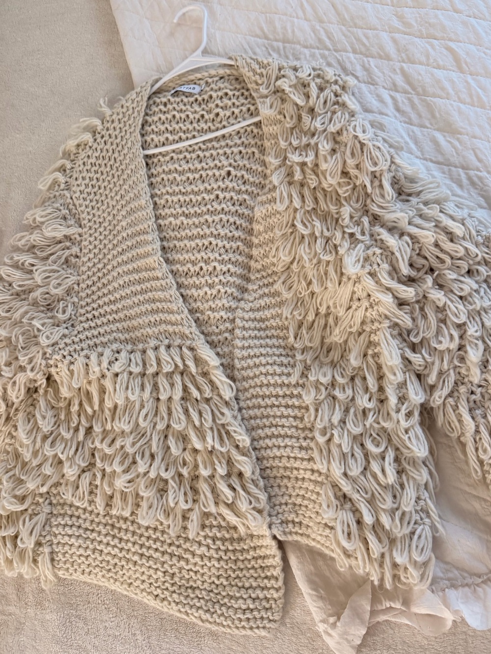 TFAB Chunky Loop Knit Shag Fringe Open Cardigan Sweater Cream Size S Chunky